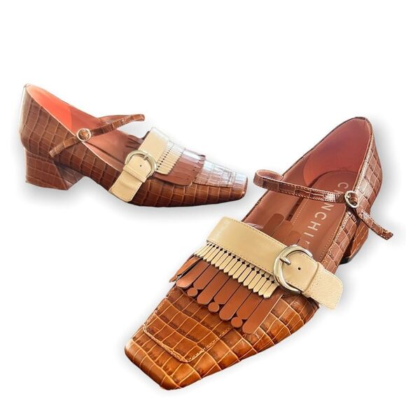 CHIN CHIN Designer Crocodile Print Square Toe Leather Fringe Heeled Loafers - Picture 3 of 15